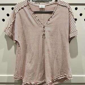 Casual Striped Henley Tee - Red Stripe
